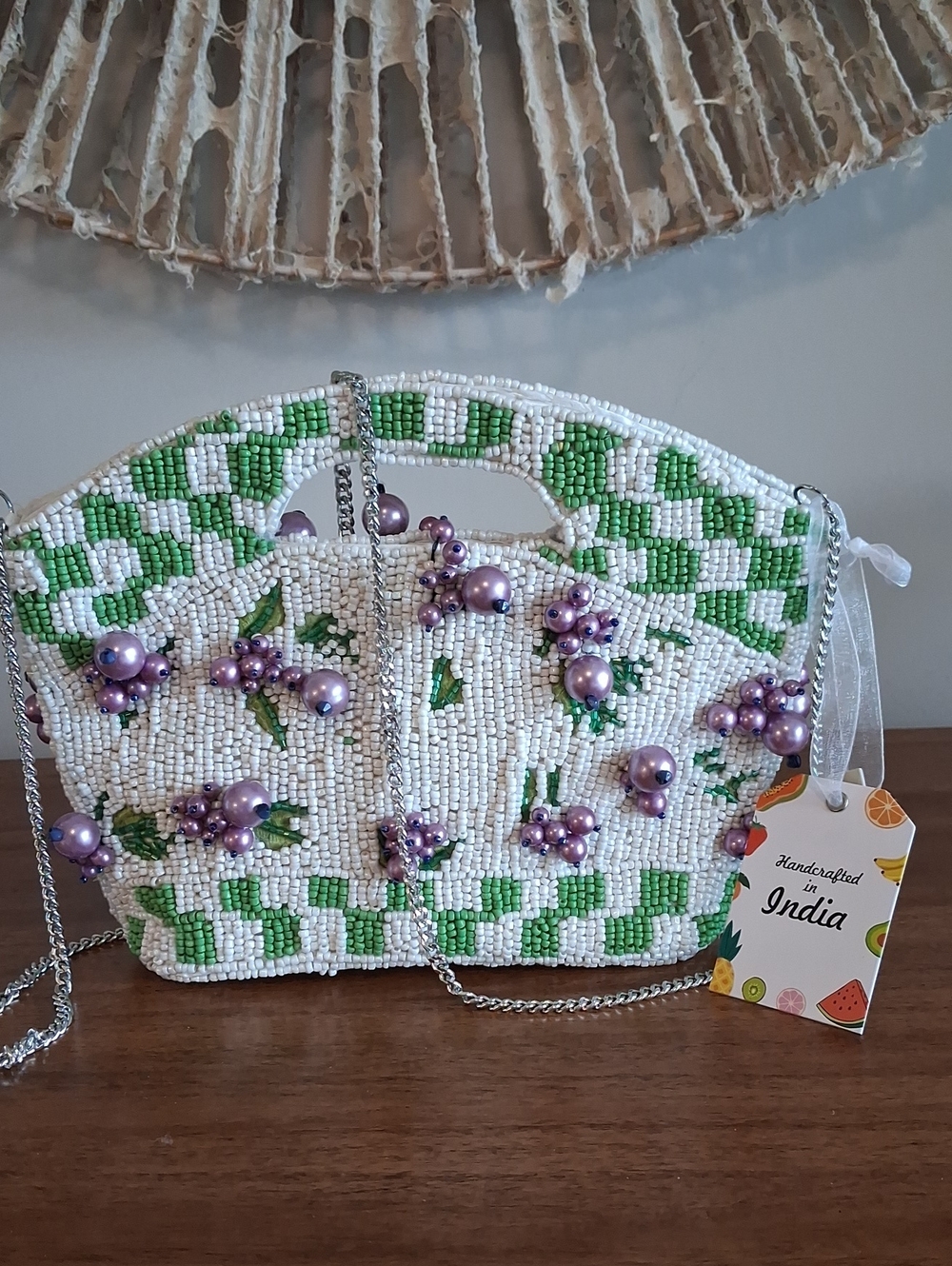 NWT **Handcrafted in India White Beaded Green Checkered 3-D Grapes Crossbody Bag
